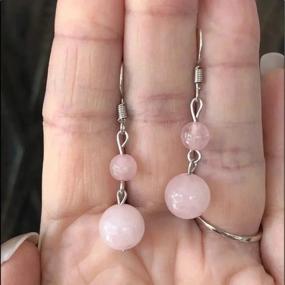 Rose Quartz Pink 10mm & 6mm Double Bead Silver Drop Earrings NWT - Picture 1 of 3